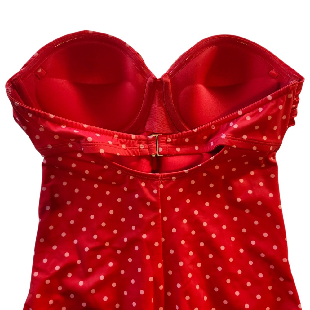 NEW Spanx Red Polka Dot Strapless Ruffle One Piece Swimsuit Tummy Control Sz 10 - Picture 2 of 5